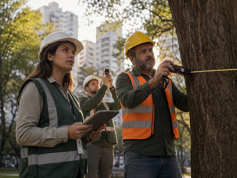 Equipe técnica da Rama avaliando árvore urbana com instrumentos de medição